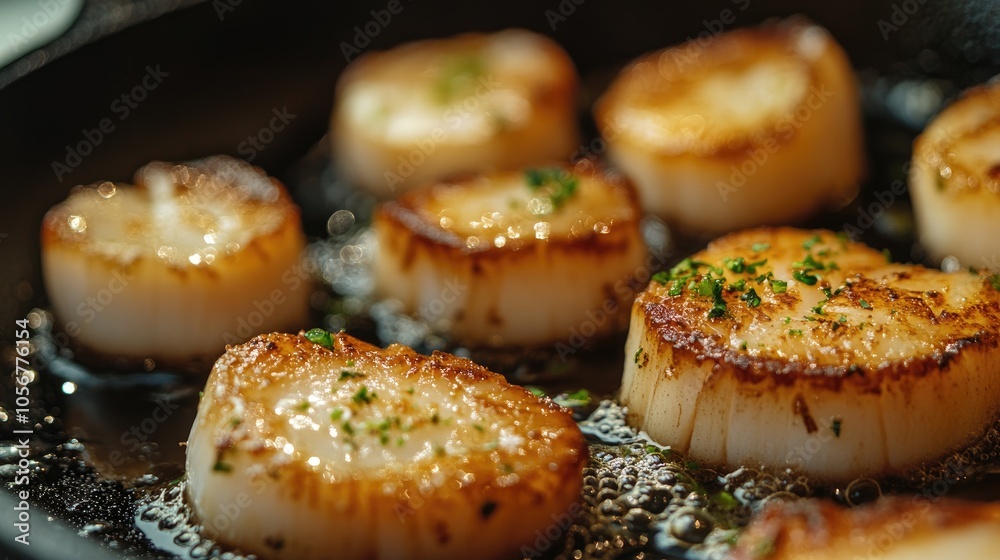 Sauteed scallops in a cast iron skillet captured in close up