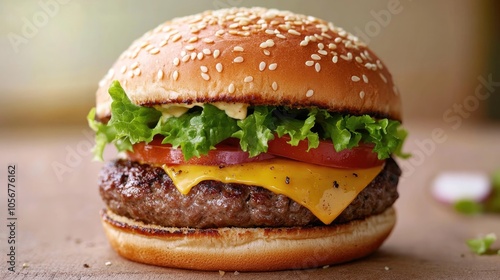 Juicy hamburger topped with cheese lettuce tomato and onion served on a sesame seed bun