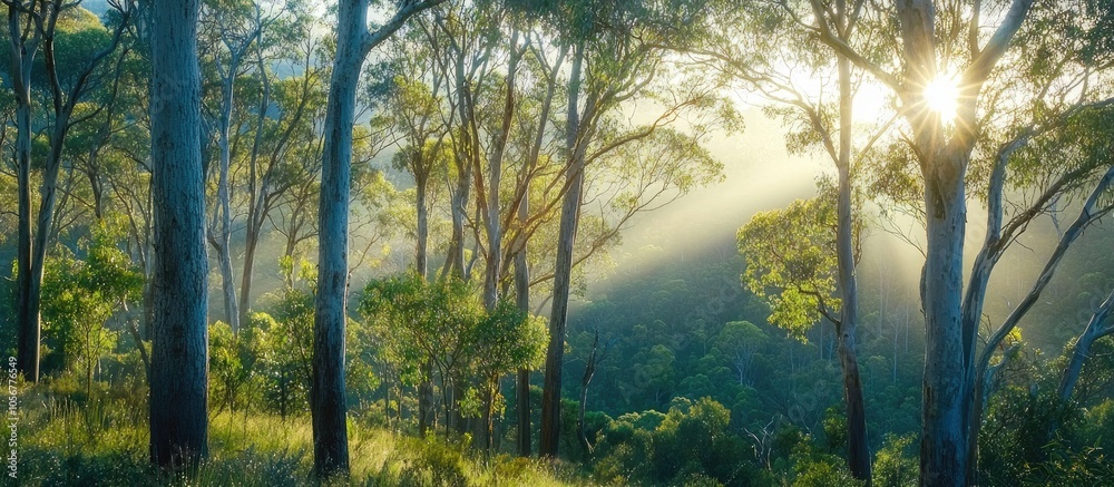 Fototapeta premium Full Frame View Of Sparkling Morning Sun On A Green Eucalyptus Gum Forest