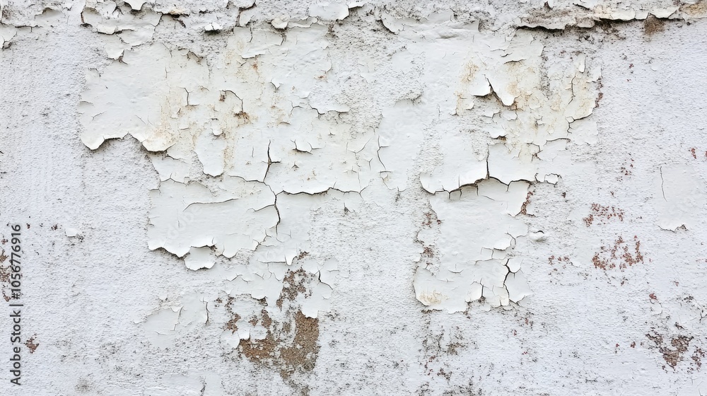 Obraz premium A weathered wall showcasing signs of aging featuring peeling white paint and cracks
