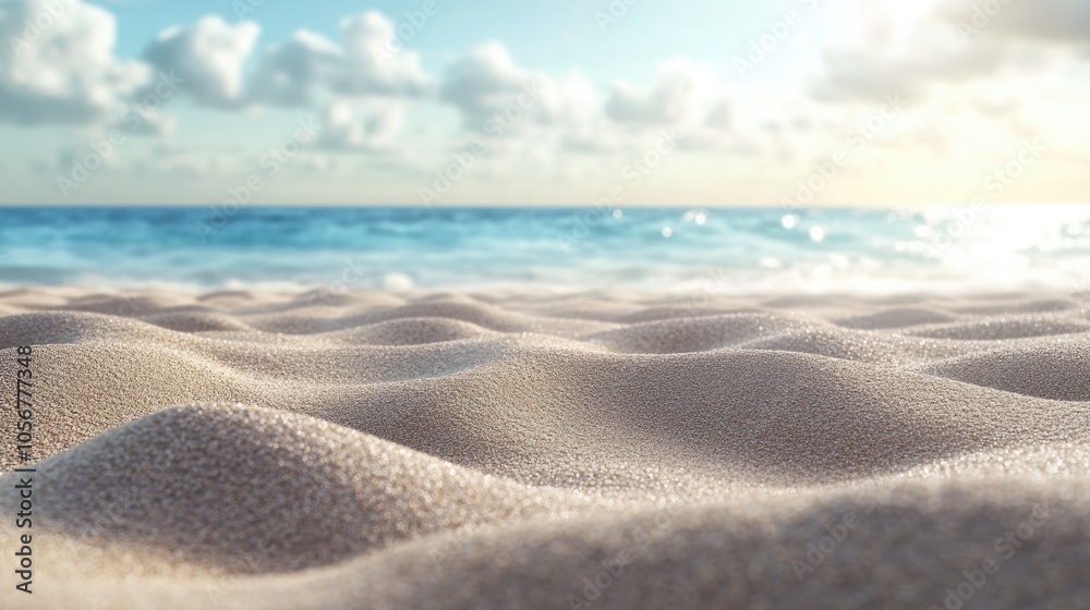 Detailed view of sand with a soft focus ocean and sky in the background perfect for showcasing text or product placement Evokes a bright seasonal outdoor atmosphere Detailed view of sand with a soft focus ocean and sky in the background perfect for showcasing text or product placement Evokes a bright seasonal outdoor atmosphere