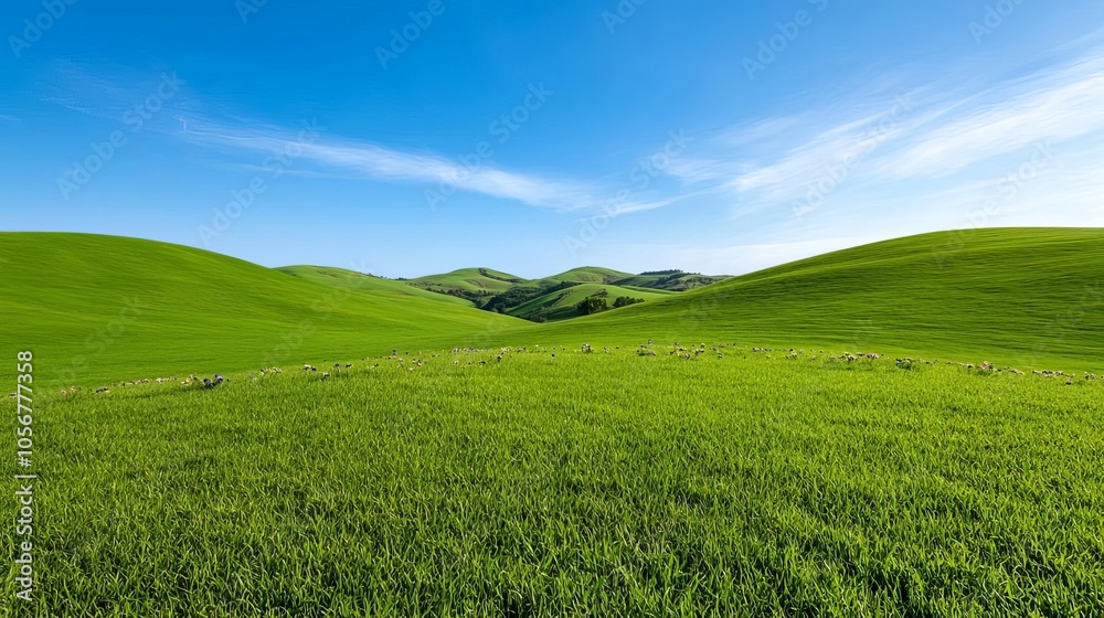 Gently rolling green hills, dotted with clusters of wildflowers, slight breeze bending the grass, sun overhead, balanced light, lush tones, serene beauty Gently rolling green hills, dotted with clusters of wildflowers, slight breeze bending the grass, sun overhead, balanced light, lush tones, serene beauty