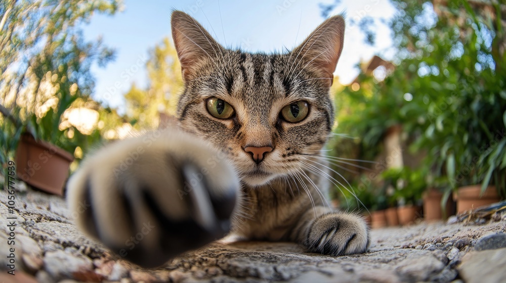 Fototapeta premium Playful cat interacting with the camera using its paw in an outdoor setting fisheye perspective animal portrait