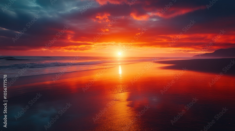 Sunset over the ocean with reflections on a sandy beach Sunset over the ocean with reflections on a sandy beach