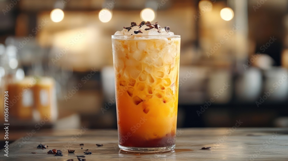A colorful, sweet beverage with visible ingredients and garnish on the counter of a social venue. A colorful, sweet beverage with visible ingredients and garnish on the counter of a social venue.