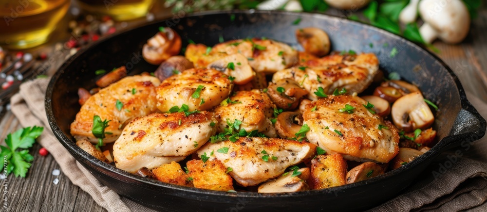 Chicken Cutlets With Greek Croutons And Mushrooms For Garnish