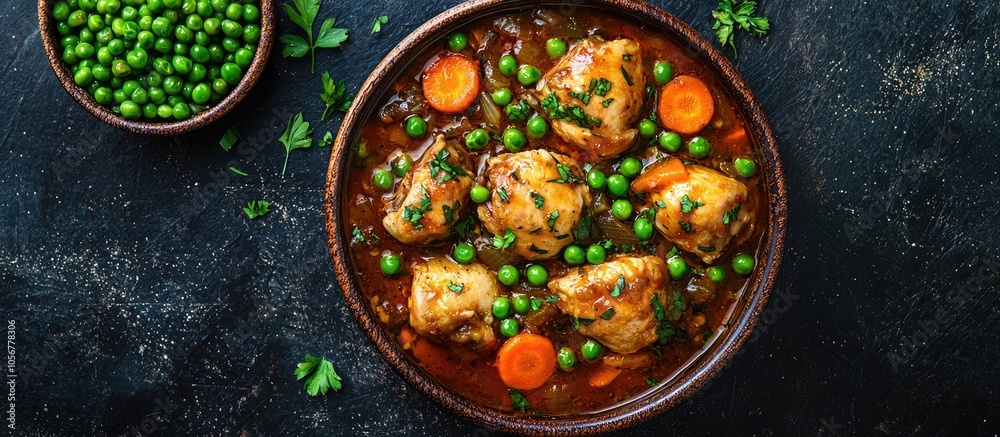 Chicken Stewed Fricassee With Carrot Garnished With Green Peas Top View Chicken Stewed Fricassee With Carrot Garnished With Green Peas Top View
