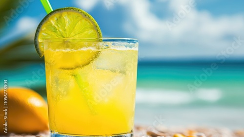 Close up of a revitalizing tropical beverage by the shore