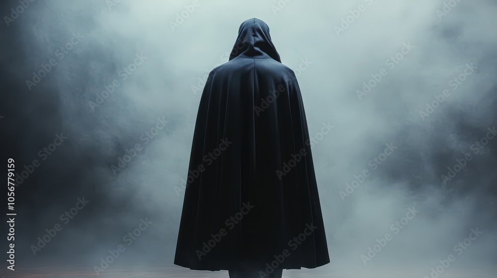 A mysterious figure in a dark cloak stands in fog, evoking intrigue and narrative possibilities in a cinematic atmosphere. A mysterious figure in a dark cloak stands in fog, evoking intrigue and narrative possibilities in a cinematic atmosphere.
