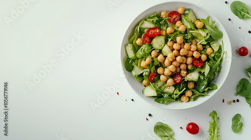 Flat lay of a colorful quinoa salad with diced vegetables, chickpeas, and fresh herbs, Generative AI