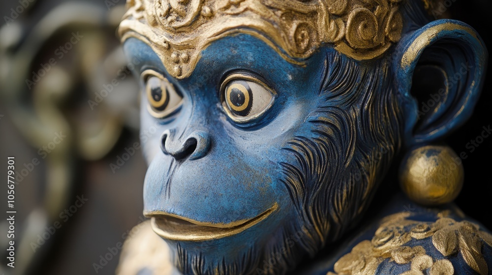 A monkey statue featuring a blue face and golden accents A monkey statue featuring a blue face and golden accents