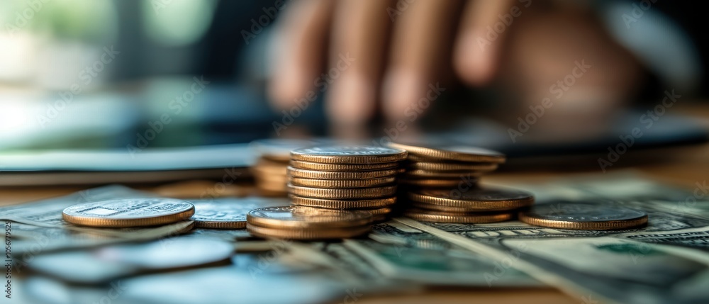 Close-up of coins and banknotes on a table with a blurred hand in the background. Close-up of coins and banknotes on a table with a blurred hand in the background.