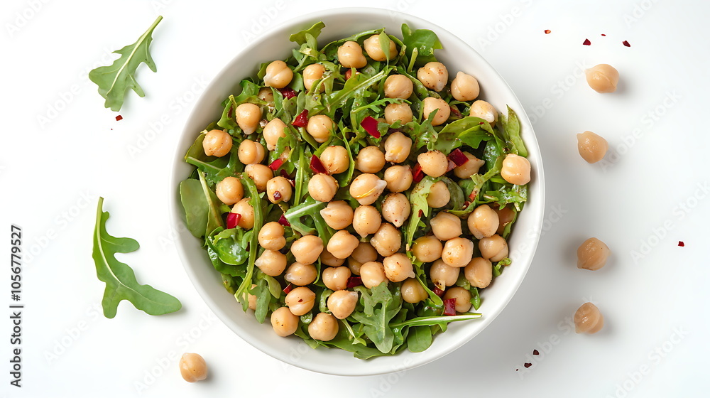 Flat lay of a colorful quinoa salad with diced vegetables, chickpeas, and fresh herbs, Generative AI Flat lay of a colorful quinoa salad with diced vegetables, chickpeas, and fresh herbs, Generative AI