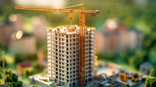 Multifloor residential building project showcasing an under construction site off plan real estate investment and infrastructure development in a miniature model style with ample copyspace photo