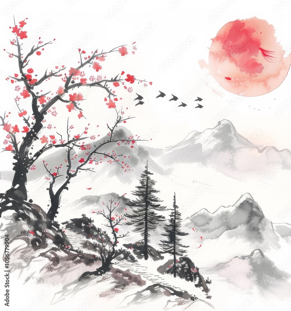 A serene Sumi-e ink painting portraying a blossoming mountainscape with delicate young trees Sakura A serene Sumi-e ink painting portraying a blossoming mountainscape with delicate young trees Sakura