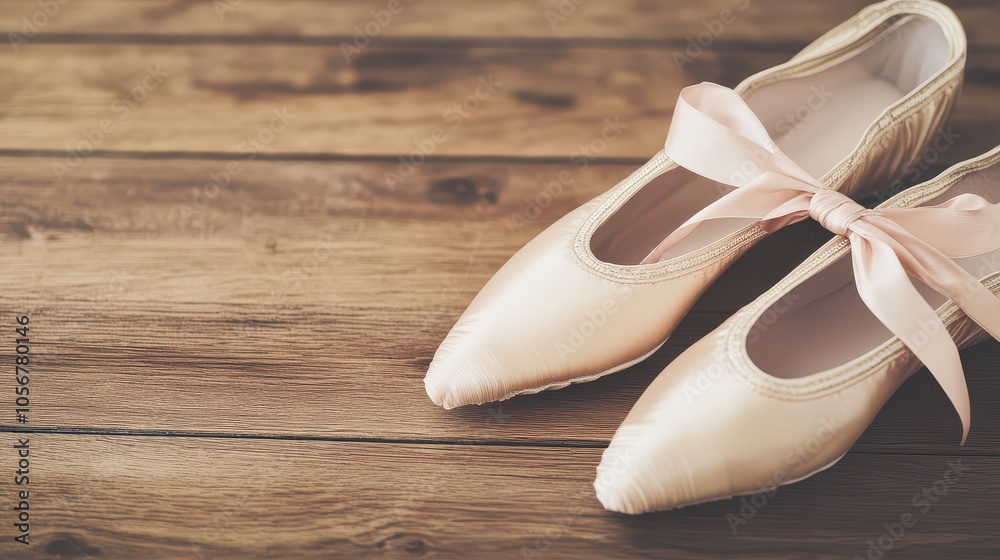Elegant ballet shoes resting on a wooden surface, showcasing soft fabric and a delicate ribbon for a graceful touch. Elegant ballet shoes resting on a wooden surface, showcasing soft fabric and a delicate ribbon for a graceful touch.