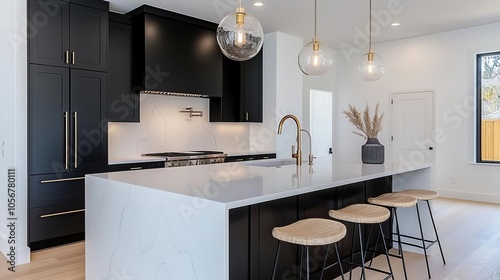Modern kitchen design featuring black cabinetry, white marble countertops, and stylish pendant lighting, creating a contemporary and inviting space.