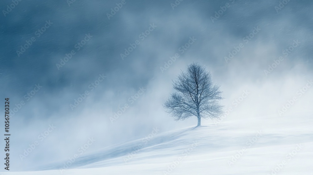 A striking landscape shrouded in a snow squall features a solitary snow covered tree bravely enduring the severe winter weather