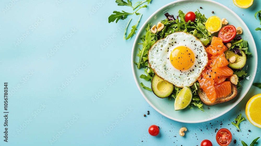 Healthy Breakfast Fried Egg Toast With Salmon And Avocado And Fresh Salad Top View With Copy Space At Blue Table Healthy Breakfast Fried Egg Toast With Salmon And Avocado And Fresh Salad Top View With Copy Space At Blue Table
