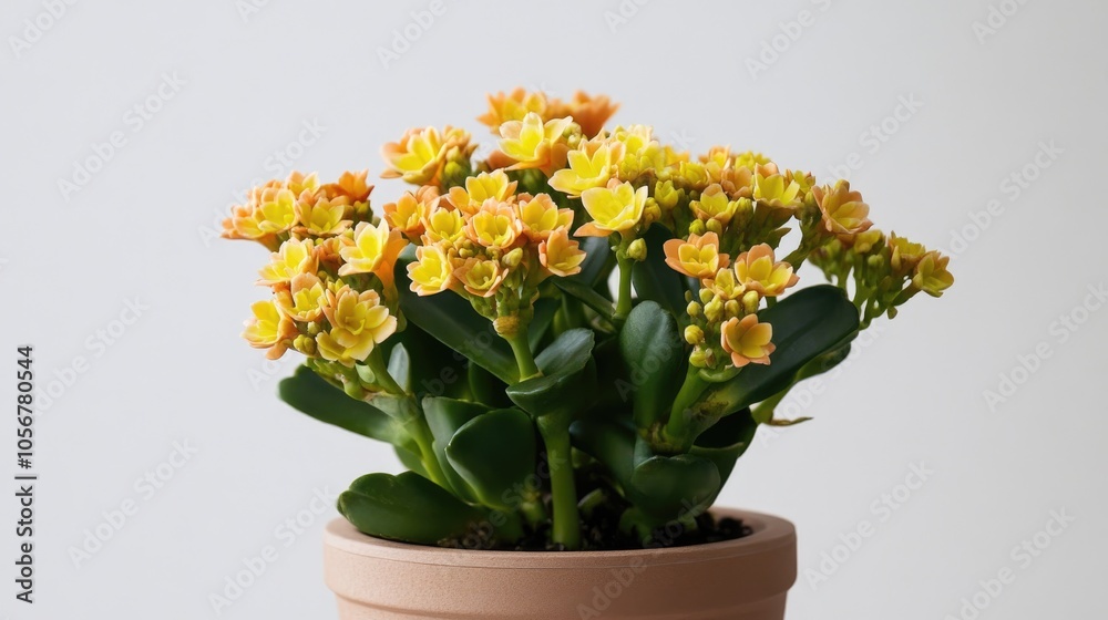 Kalanchoe plant in a pot viewed from the front set against a white background Kalanchoe plant in a pot viewed from the front set against a white background