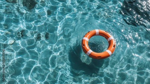 Life preserver bobbing on the surface of crystal clear pool water