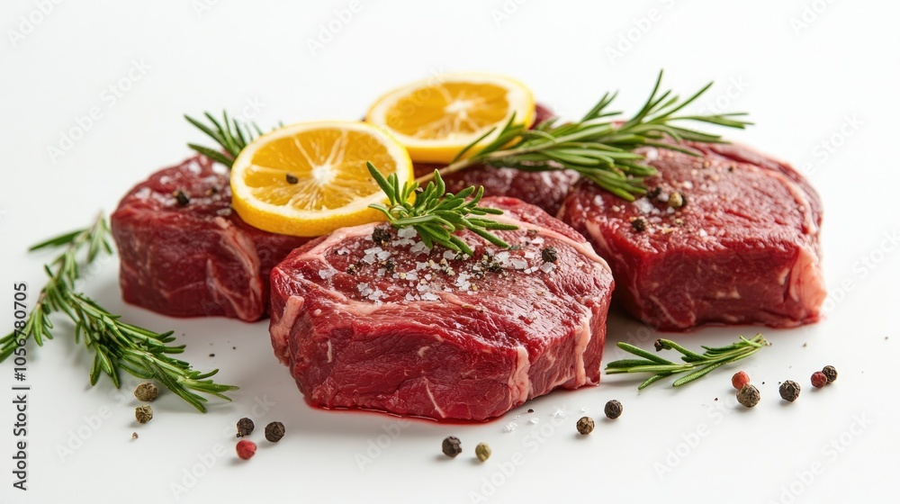 Raw beef steaks on a white background showcasing a food preparation theme Raw beef steaks on a white background showcasing a food preparation theme