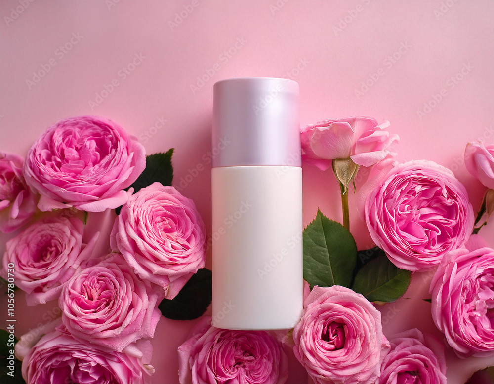 Radiant Beauty Blooming Rose Flowers Surround Skincare Products on Vibrant Pink Background Radiant Beauty Blooming Rose Flowers Surround Skincare Products on Vibrant Pink Background