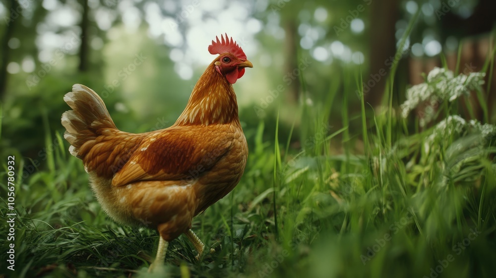Fototapeta premium Blurry chicken in a natural green setting Side perspective