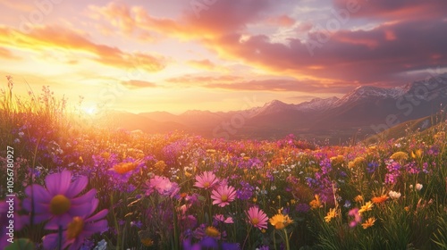 Vibrant wildflowers blossom under a stunning sunset showcasing shades of purple pink and yellow creating a peaceful and beautiful natural scene