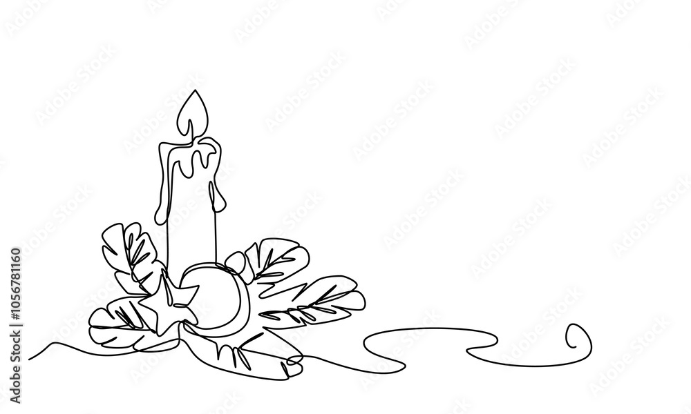 Fototapeta premium Merry Christmas decoration. Line art. Continuous drawing of one line. Holiday card Christmas ball. Christmas ball, Christmas tree branches, star and candle. Vector