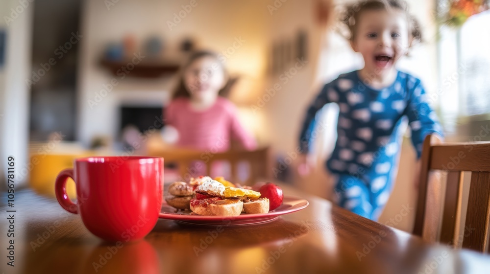 Two children, one in pajamas, joyfully running towards a breakfast table. Two children, one in pajamas, joyfully running towards a breakfast table.