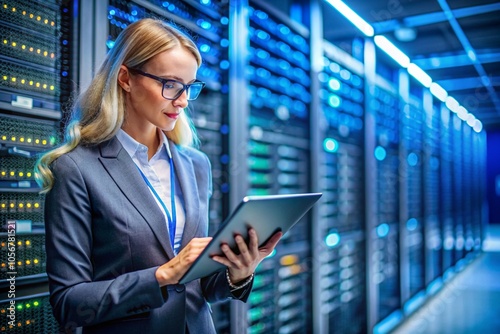 A woman in a business suit is looking at a tablet in a server room