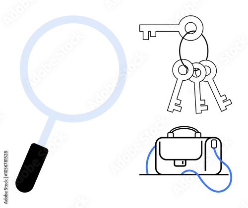 Magnifying glass, keyring with keys, and briefcase. Ideal for security, search, investigation, business tools, office work, detective themes, and data protection. Line metaphor