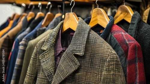 Variety of men s jackets displayed on wooden hangers in a clothing store