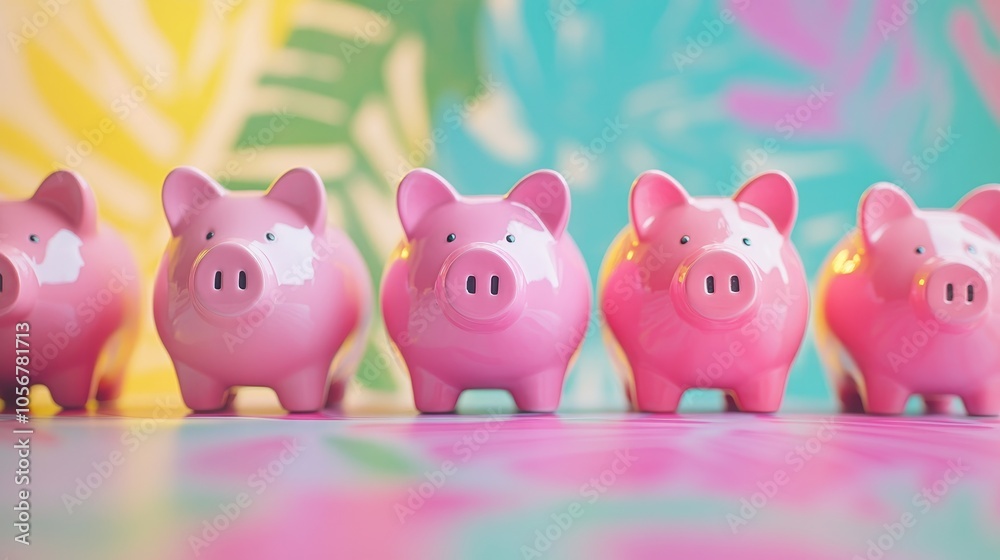 Collection of pink piggy banks against a vibrant backdrop Collection of pink piggy banks against a vibrant backdrop