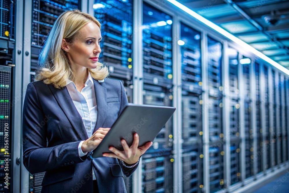 A woman in a business suit is looking at a tablet in a server room