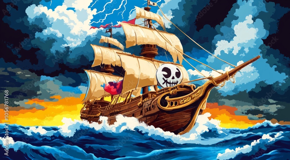 Naklejka premium Majestic Pirate Ship in a Stormy Sea