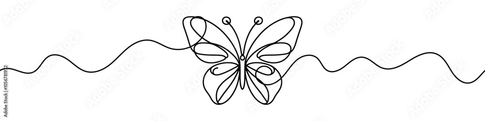 One continuous line illustration of a butterfly, isolated on white background. Line art of a butterfly.