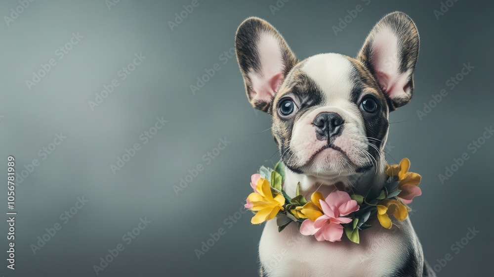 Adorable merle French Bulldog puppy with unique patches adorned with a floral collar posed against a gray backdrop
