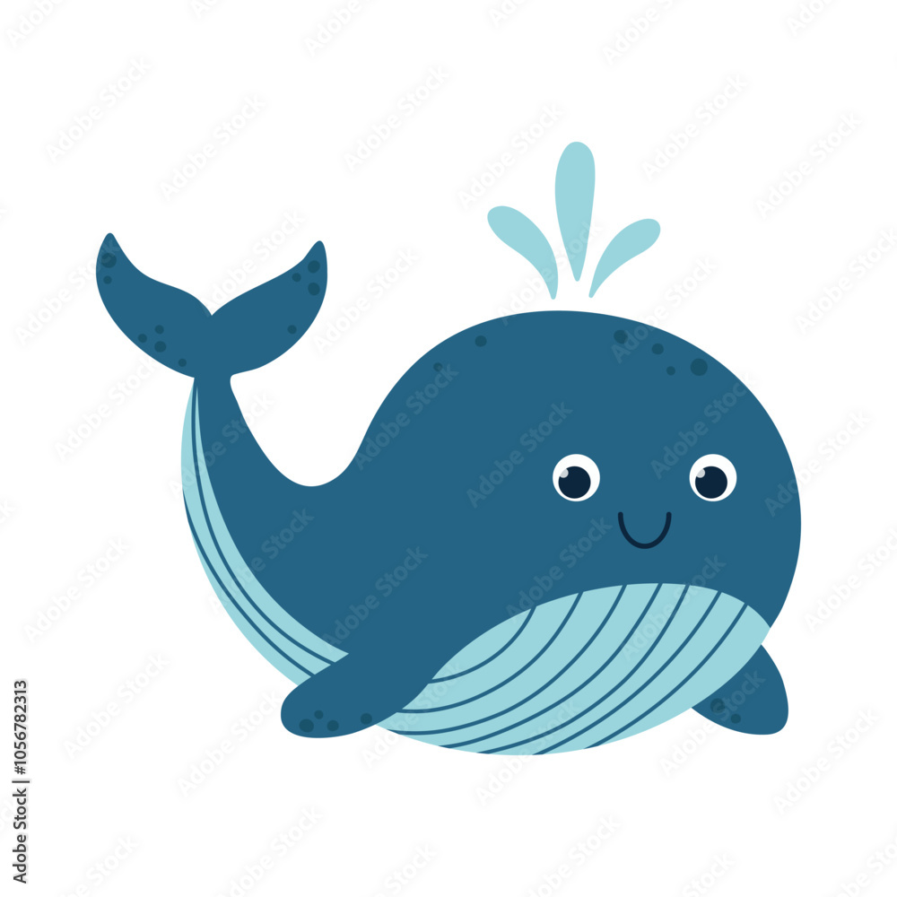 Obraz premium Kawaii blue whale with water splash, big round eyes, wide, smiling face, cheerful expression. Cute sea animal with soft, rounded features. Naive cartoon vector illustration, ideal for childrens design