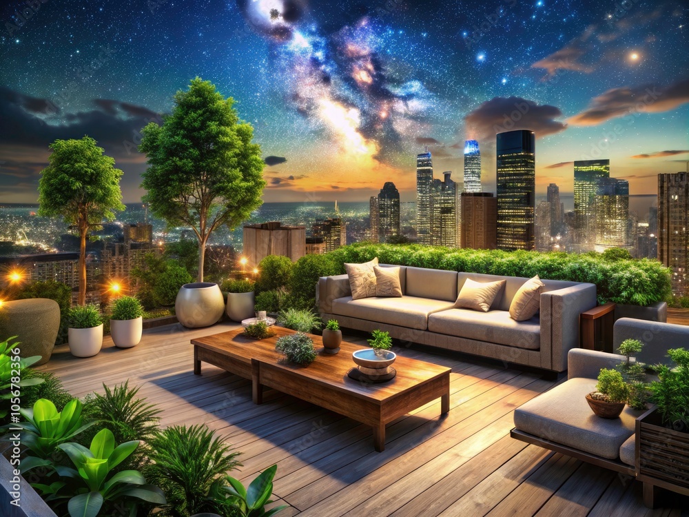 Luxurious Rooftop Terrace with Cozy Seating, Lush Greenery, and Stunning City Skyline Under Starry Night Sky - Perfect for High-End Product Photography Luxurious Rooftop Terrace with Cozy Seating, Lush Greenery, and Stunning City Skyline Under Starry Night Sky - Perfect for High-End Product Photography