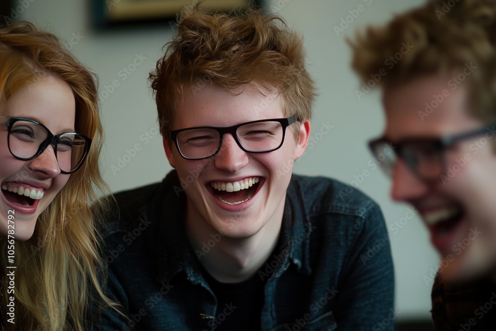 Laughing friends enjoying time together indoors Laughing friends enjoying time together indoors