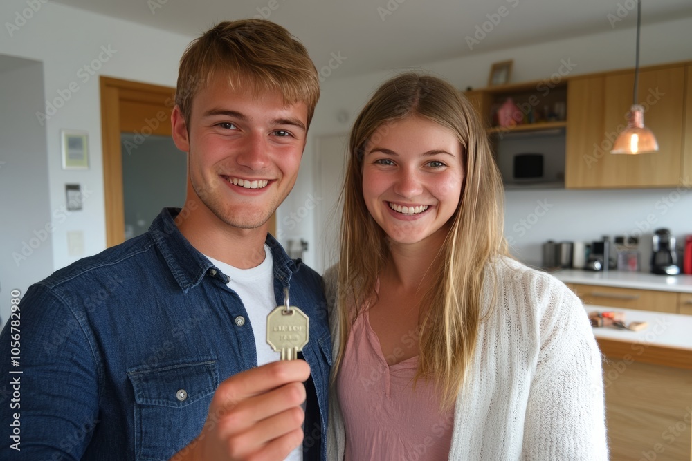 Smiling couple holding new house key in bright kitchen Smiling couple holding new house key in bright kitchen