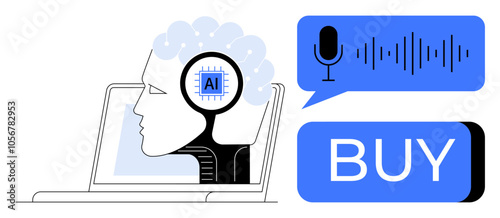 Human profile with AI chip in head, using voice command to initiate purchase. Ideal for e-commerce, smart devices, artificial intelligence, voice technology, innovation, consumer tech, digital