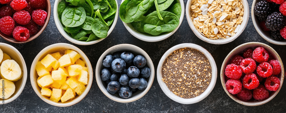 Assortment of fresh fruits, greens, and grains in bowls on a dark countertop. Healthy breakfast ingredients. Assortment of fresh fruits, greens, and grains in bowls on a dark countertop. Healthy breakfast ingredients.