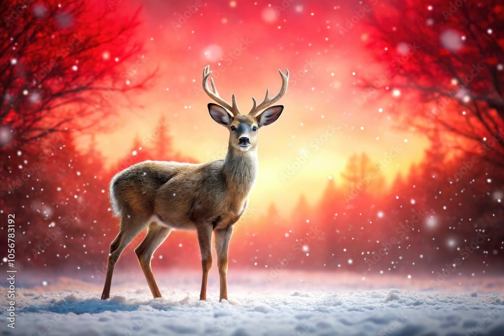 Majestic Deer in Winter Wonderland: Snowy Landscape with Red Background and Falling Snowflakes Majestic Deer in Winter Wonderland: Snowy Landscape with Red Background and Falling Snowflakes