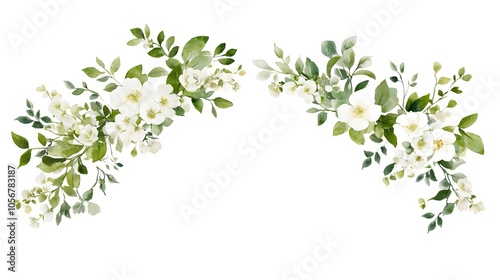 Watercolor Floral Frame with White Flowers and Green Leaves Borders, Featuring Empty Space for Text, Ideal Wedding Invitation Design Template on White Background, Elegant Vector Illustration