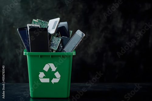 A green recycle bin full with electronic wastes, a concept of e waste management photo