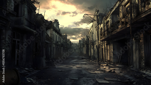 A crumbling, empty street with eerie whispers in the wind and shadows lurking in the corners.