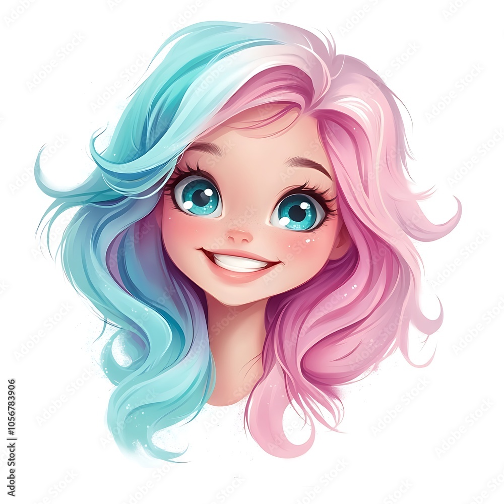 Cartoon girl with a cute giggle and pastel-colored hair on a white background. Cartoon girl with a cute giggle and pastel-colored hair on a white background.